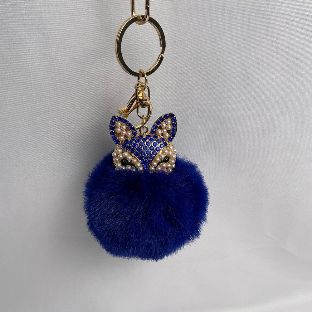 Fabulous Rhinestone fox bag charm key chain with blue Pom Pom